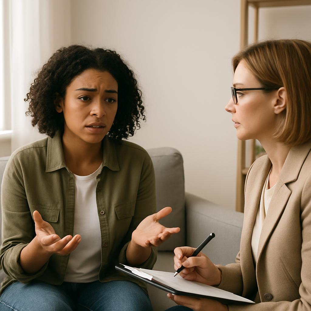 Two women sitting on a couch, one with dark curly hair holding her hands in front of her in confusion, the other holding a...